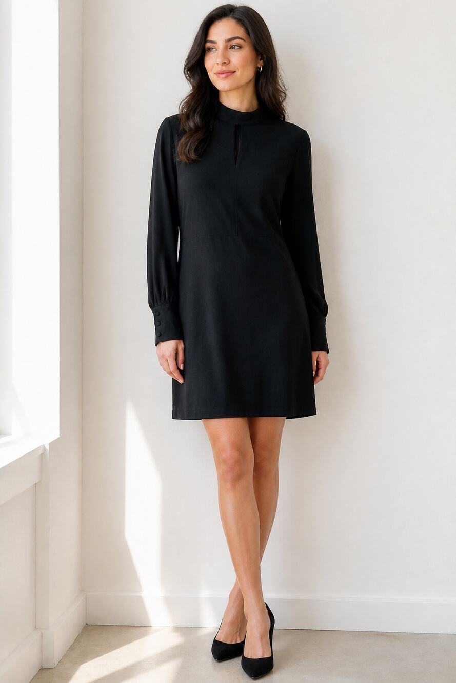 Black Long Sleeve Dress with High Neck and Cuffs Size 4